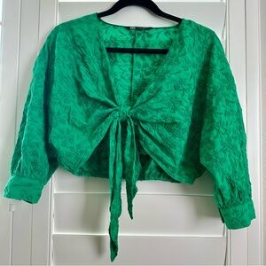 Zara Emerald Green Embroidered Tie-Front Cropped Blouse Boho Chic Top
